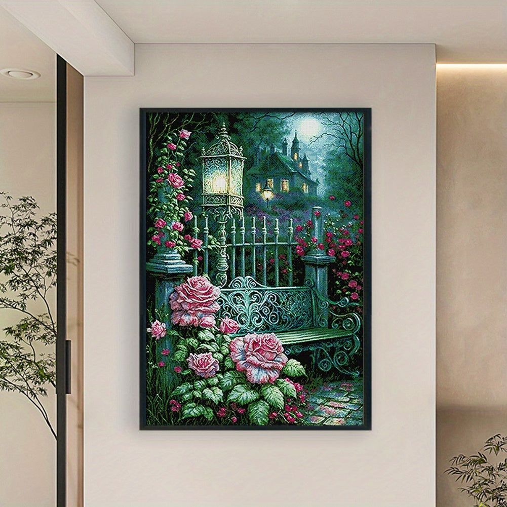 14CT Moonlight Rose Garden DIY Cross Stitch Kit - Enchanting Nighttime Garden Scene with Pink Roses & Lantern, Full Embroidery Thread, Ideal for Home & Office Decor, Perfect Gift for Adults & Beginners, 24.41x35.43inch, Cross