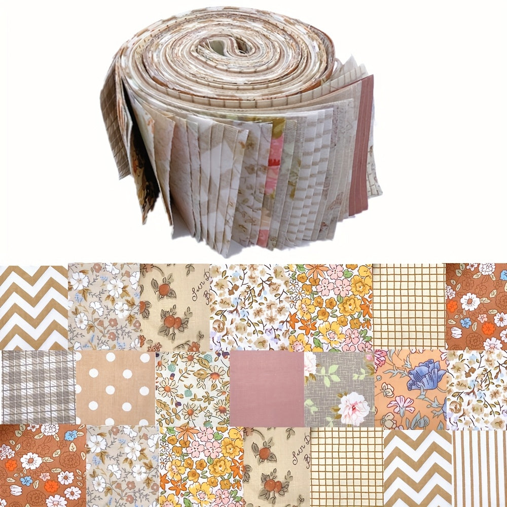 42pcs Khaki Floral Fabric Jelly Rolls - Pre-Cut 100% Cotton Quilting Patches With Assorted Patterns (Chevron, Polka Dots, Grids) For Thanksgiving Crafts, Scrapbooking & Sewing Beginners - Hand Wash Only, Quilting Supplies And