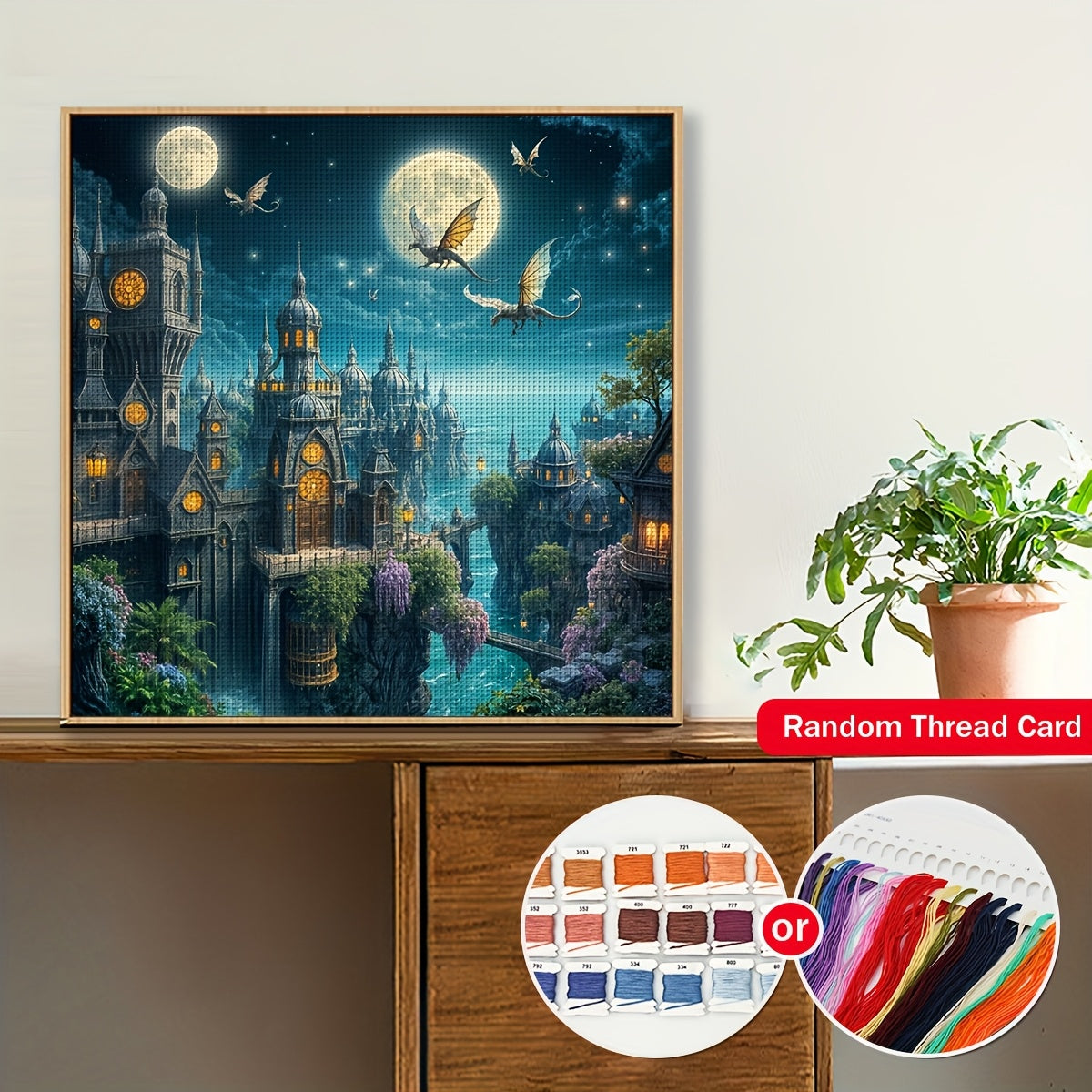 JOZYSH 15.75x15.75inch Fantasy Castle Town Cross Stitch Kit - Enchanted Moonlit Village with Dragons & Fairies, All-Season Fabric Cross Stitch Material, Perfect for Living Room, Bedroom Decor, or Home Art Gift, Bedroom Wall A