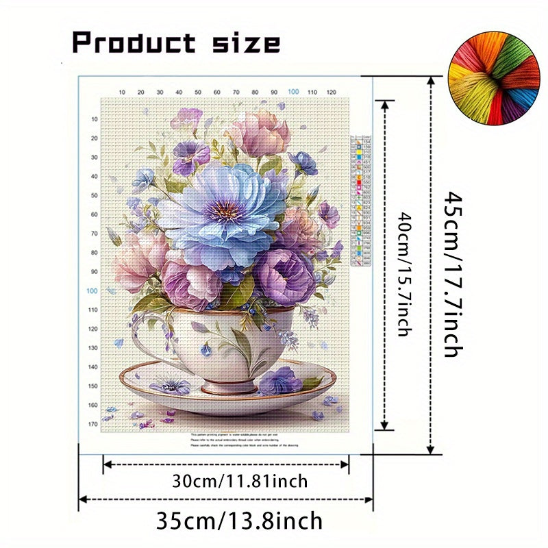 1pc DIY Floral Cross Stitch Kit - 13, 8x17, 7in Frameless Fabric, 11CT Printed Design with Vibrant Blue & Pink Flowers, Green Leaves, and White Cup & Saucer - Ideal for Home Wall Decor, Mother'S Day Gift, Crafting Supplies In