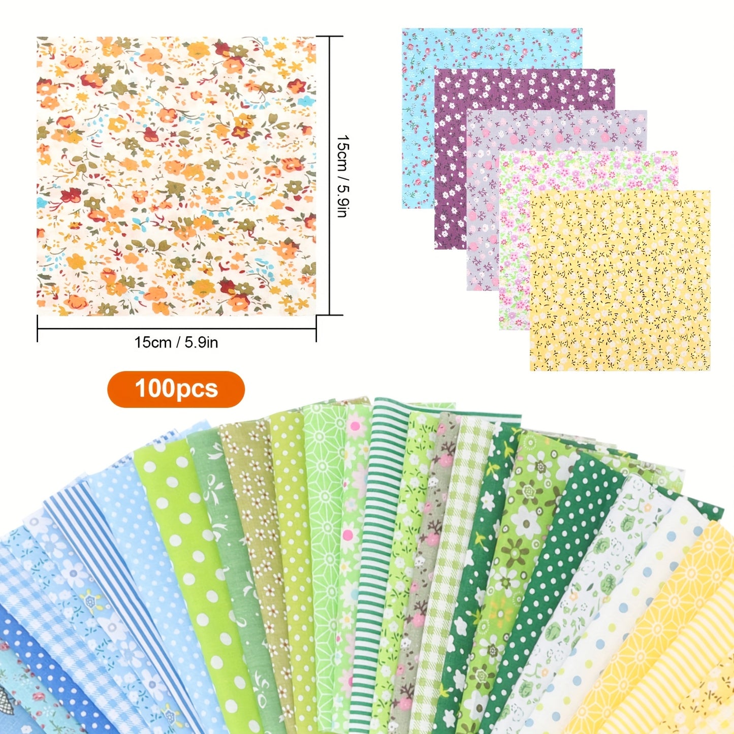 100pcs 5.9 x 5.9" Floral Sewing Patchwork Fabric, Pure Cotton Pre-Cut Quilting Squares, Perfect for DIY Crafts, Doll Clothes & Sewing Projects, Hand Wash Printed Craft Fabric