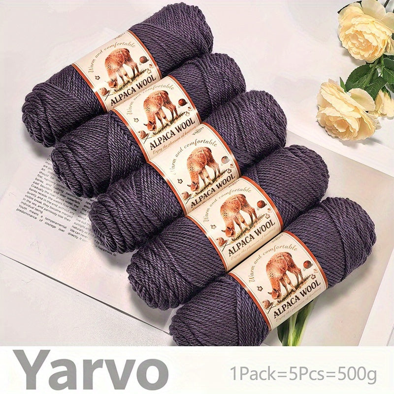 1 Pack (5 Balls) 500g Alpaca Wool Yarn - Thick Warm Winter Knitting Fiber, Alpaca Wool Yarn for DIY Hand-Knitting Scarves, Hats, Sweaters, Multi-Color (Brown/White/Black/Gray/Tan) - Perfect Gift for Crafters & Cold Weather
