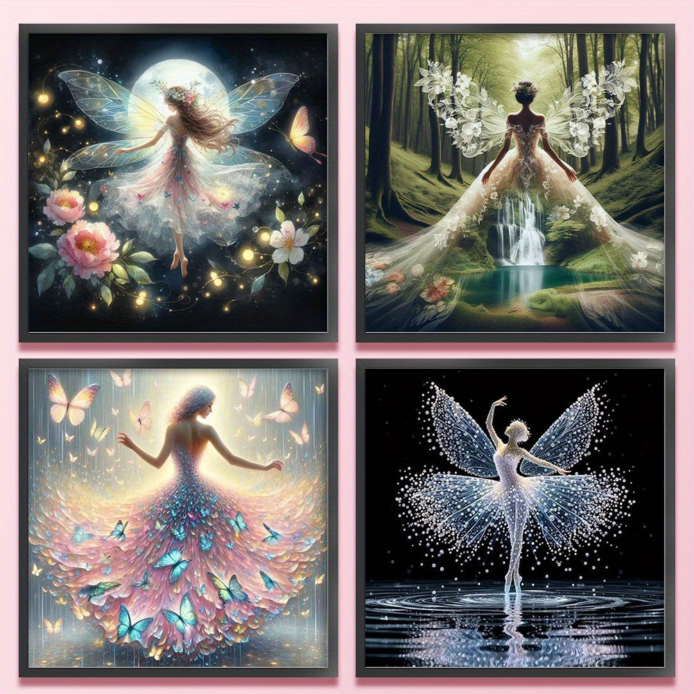 4pcs 11CT Butterfly Fairy Cross Stitch Kits with Pre-Printed Fabric & Threads - 4 Unique Fairy Designs (Moonlight, Forest, Waterfall, Dance) - Complete DIY Needlecraft Set for Wall Art, Housewarming & Holiday Gifts for Adults