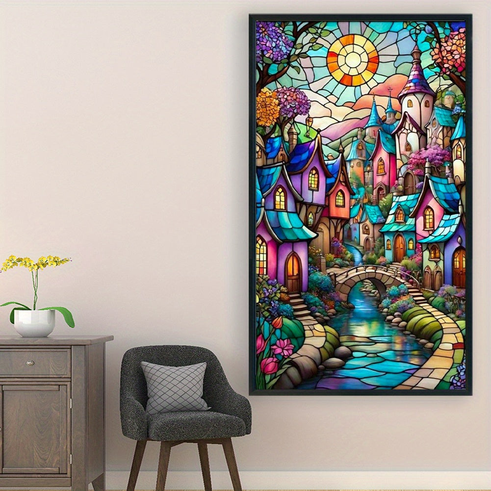 Stamped Cross Stitch Kits for Adults, Stained Glass House Embroidery Kits for Beginners, 11CT Patterns, Counted Embroidery Needlepoint Kits Home Decor, 15.7 x 27.5 inch