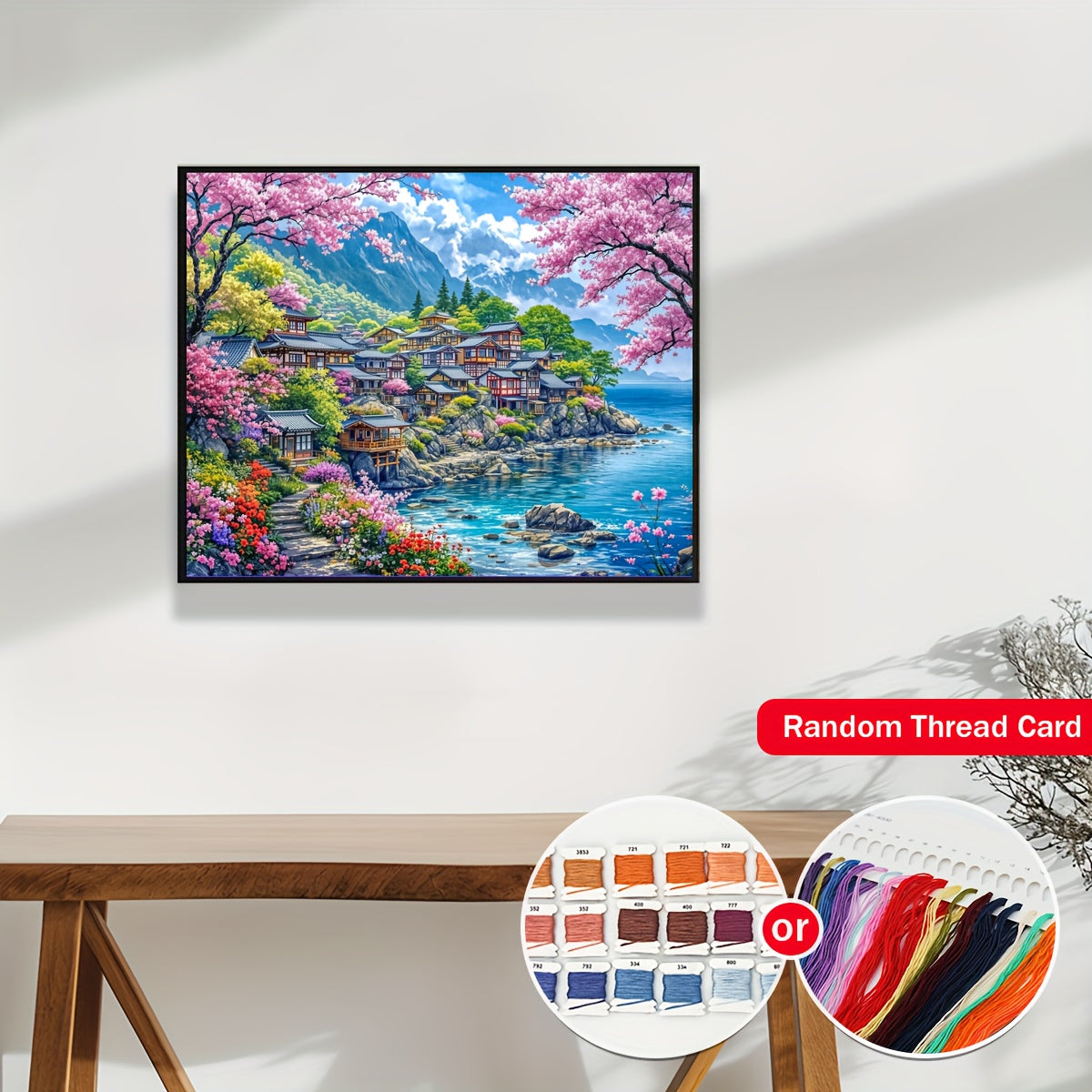 ZUOANLF 1 Set 15.75x19.69inch DIY Cross Stitch Kit - Vibrant Japanese Village Landscape with Cherry Blossoms, Blue Sea, and Mountains, Frameless, All-Season Home Decor for Living Room, Entryway, or Bedroom, Frameless Artwork