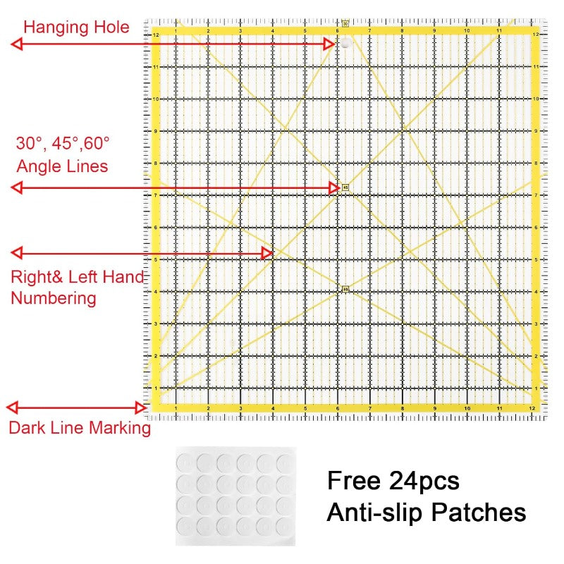 8piece Square Quilting Rulers Non Slip And Templates Acrylic Sewing Ruler Set with 24pcs Antislip Mat 3.5"X3.5" 5"X5" 8"X8" 10"X10" 12.5"X12.5" 6.5"X12" 2"X12" 3"X9" (Yellow)