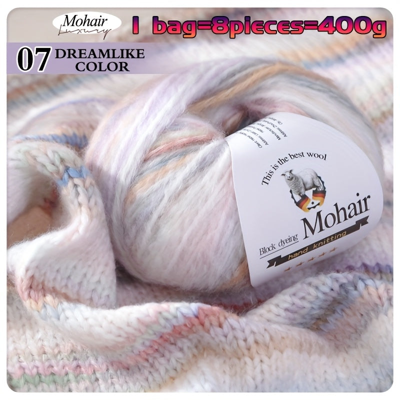 1 Bag = 8 Balls = 400g Multicolor Self-Striping Mohair Yarn | Fashion Sweaters, Coats, Shawls, Trench Coats, Scarves, Hats, Gloves, Clothing Accessories - Polyester 80%, Wool 10%, Nylon 10%