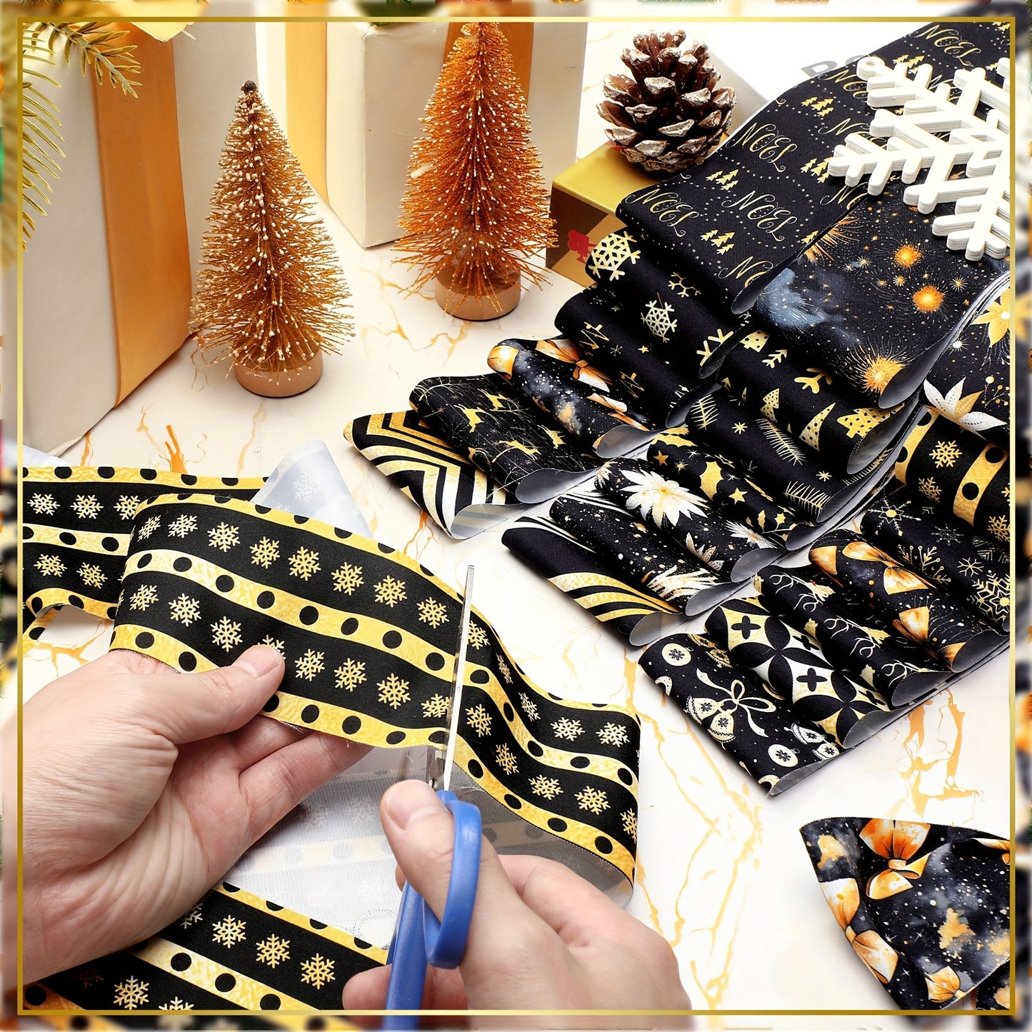 40pcs Black and Golden Christmas Jelly Fabric | 39.4 Inches Long Quilting Patchwork Roll, 2.55 Inch Precut Strips for Xmas Holiday Craft Sewing, Hand Wash Only, Print Pattern by DREYOO