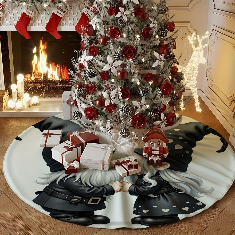 Cute Gnome Couple Christmas Tree Skirt with Matching Gnomes - Soft Black & White Heart-Patterned Outfit for Xmas Tree Base, Holiday Party Decorations, / Use (Compatible with Standard Trees) - Festive Dwarf Duo, Cross Stitch K