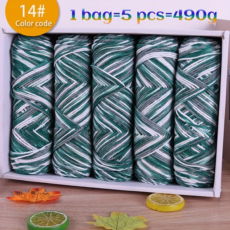 490g Multicolor Gradient Ombre Yarn Skein for Hand Knitting, 5-Ply Yarn Ball for Autumn/Winter Fashion Sweaters, Scarves, Hats, Gloves, Gifts, and Crafts, 5 Skeins per Pack
