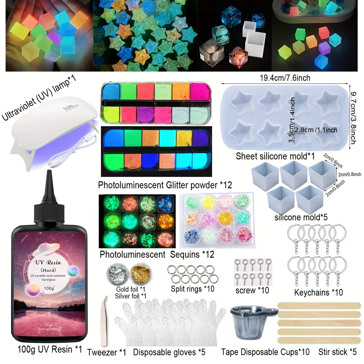 Handmade DIY Set, Resin Luminous Kit, 100g Crystal Clear Resin Kit With Mold, 12w & 8pcs Lamp Beads Resin Lamp For Making Luminous Ornaments, Earrings, Necklaces, Key Chains