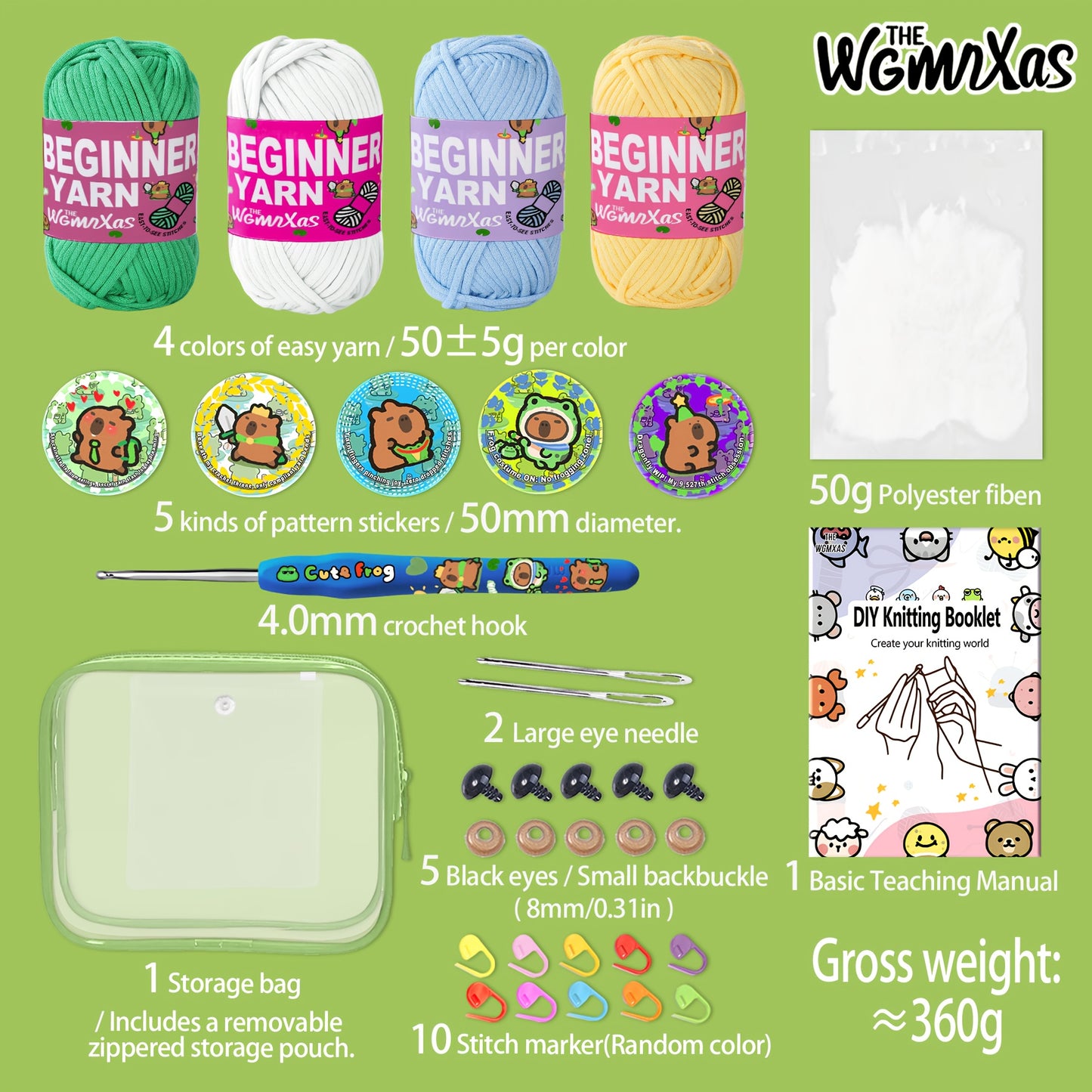 4pcs Yarn Crochet, Beginner Yarn, Crochet Yarn, Crochet Yarn with Easy-to-See Stitches, Storage Tote Bag, Straight Pins, Capybara Theme Crochet Kit, Crochet Yarn For Beginners