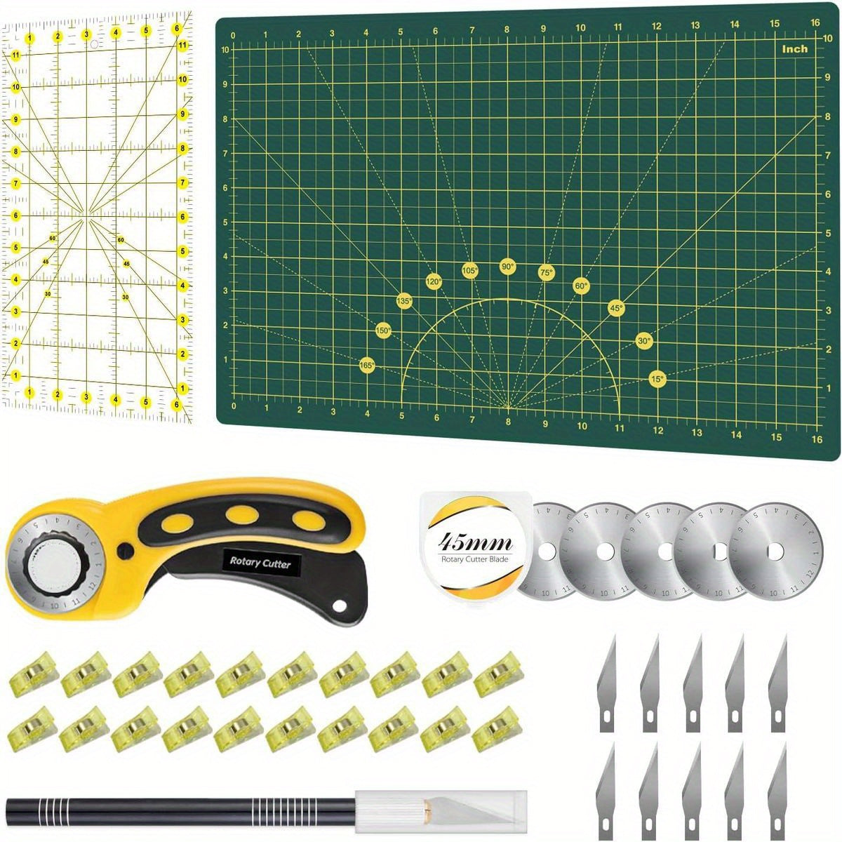 Headley Tools Complete Rotary Cutter Set with 45mm Heavy-Duty SKS-7 Blades, A3 Self- Cutting Mat, Quilting Ruler & Sewing Clips - Left/Right-Handed Craft Knife Kit for Fabric,, Vinyl, Paper Cutting - Ideal for Quilters