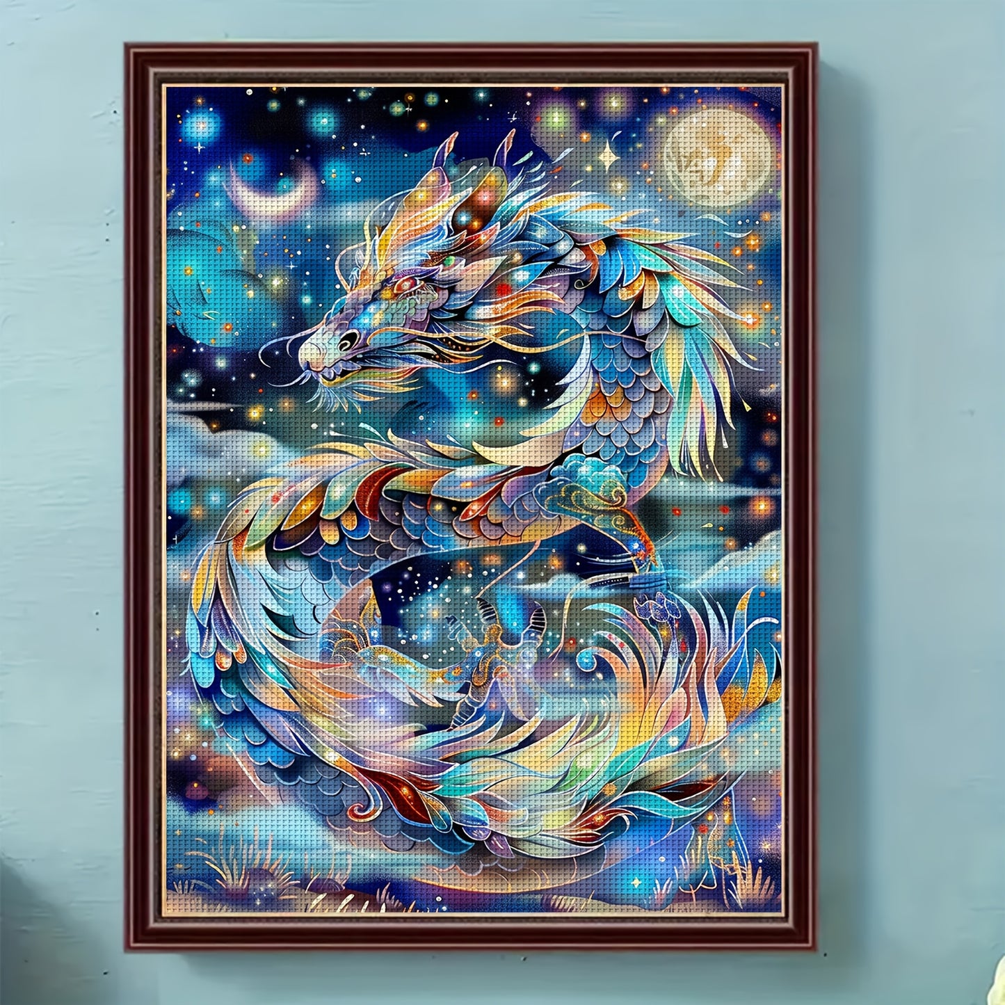 1 Set - Starry Night Dragon Cross Stitch Kit, DIY Colorful Needle and Thread Art, 11CT Cross Stitch Fabric Craft Kit with thread, Needles, and Instructions, Size 14.17×18.11 Inches.