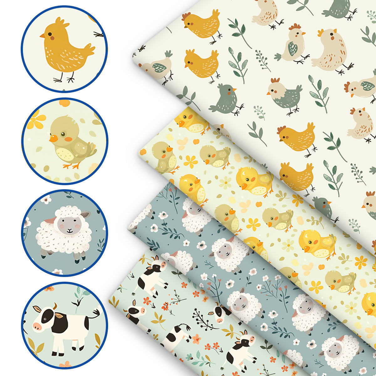 4pcs Set and Pre-Cut Fat Quarters (18*22inch) Cute Farm Animal Kit with Adorable Chickens, Sheep & Cows Patterns - Fresh Country Style Floral Leaves & Textured Fabric, Sewing Projects