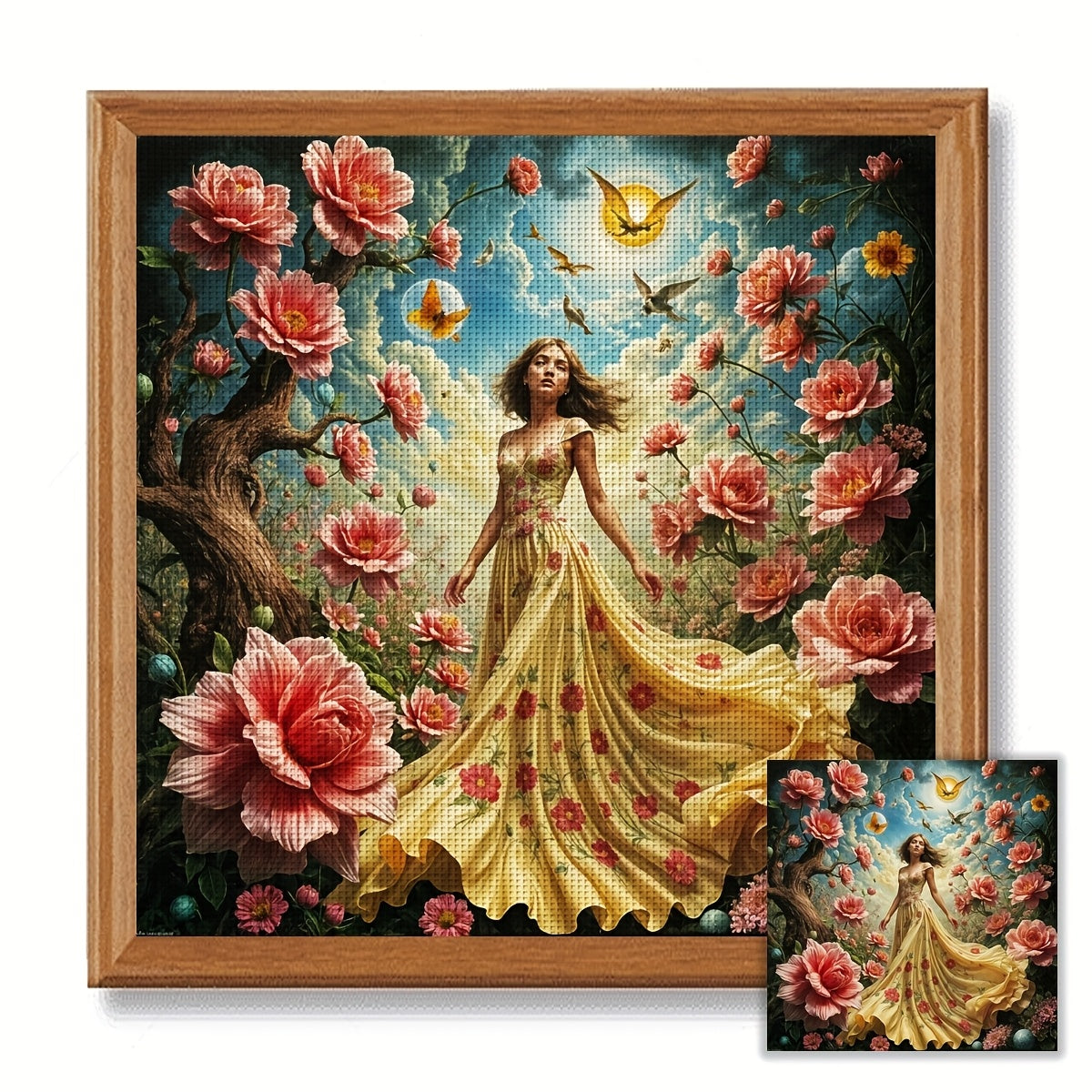 1pc JOZYSH Frameless Cross Stitch Kit for Adults & Beginners - Large 40x40cm/50x50cm (15.7x15.7"/19.7x19.7") DIY Complete Set with Pre-Printed Fabric Canvas, Threads, Needles & Instructions - Elegant Girl with Peonies & Butte