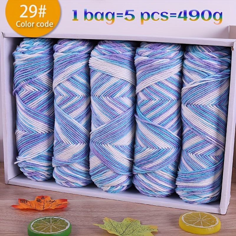 490g Multicolor Gradient Ombre Yarn Skein for Hand Knitting, 5-Ply Yarn Ball for Autumn/Winter Fashion Sweaters, Scarves, Hats, Gloves, Gifts, and Crafts, 5 Skeins per Pack