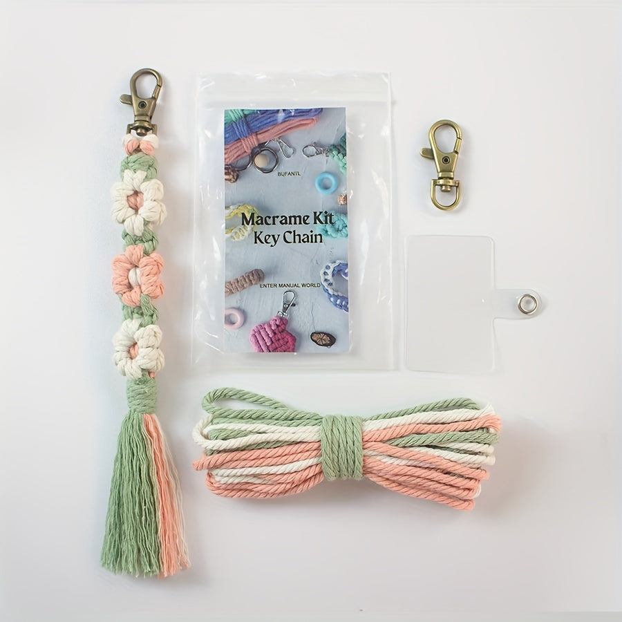 1pc Macrame Kit | Small Daisy Pattern Weaving Material Bag with Beginner Tutorial, Handmade Keychain and Bag Pendant, Suitable for Car Keys and Phone Cases, All-Season Craft Kit