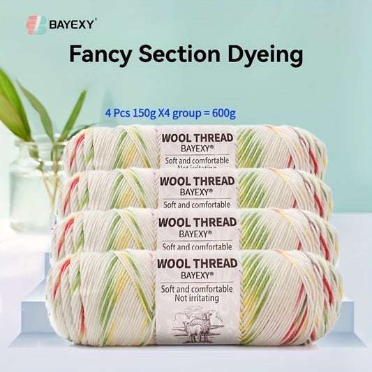 BAYEXY 4pcs Merino Wool Yarn - Gradient Color Yarn Balls, 600g, Soft & Comfortable, Ideal for Knitting, Crochet, and Crafting, Perfect for Sweaters, Scarves, Hats, and Gloves, Crafting Essentials|Gradient Color Yarn|Soft Text