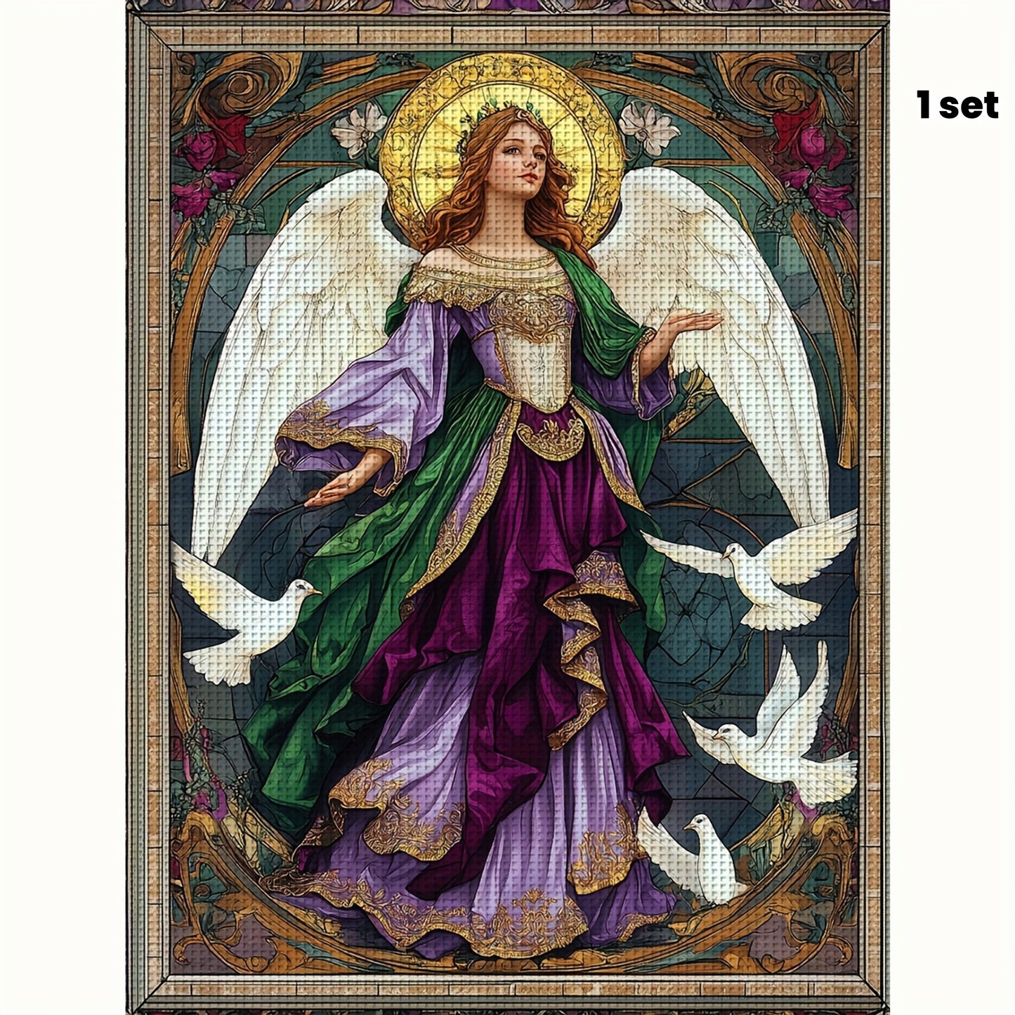 1 Set Unframed Adult 11CT/14CT Angel Cross Stitch Kit - Vibrant Winged Goddess Design with Doves & Floral Accents, Includes Canvas, Needle, Thread & Detailed Instructions, Perfect for Beginners & Advanced Crafters, Crafting K