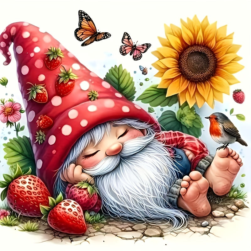 New Christmas Round Diamond Gnome and Sunflower Flower Painting 5D DIY Diamonds Cross Stitch Kit, Frameless Decorative Birthday Present for Adult Beginners Mosaic Art Set, Gnome Cross Stitch Kits, Gnome Printed Cross Stitch K