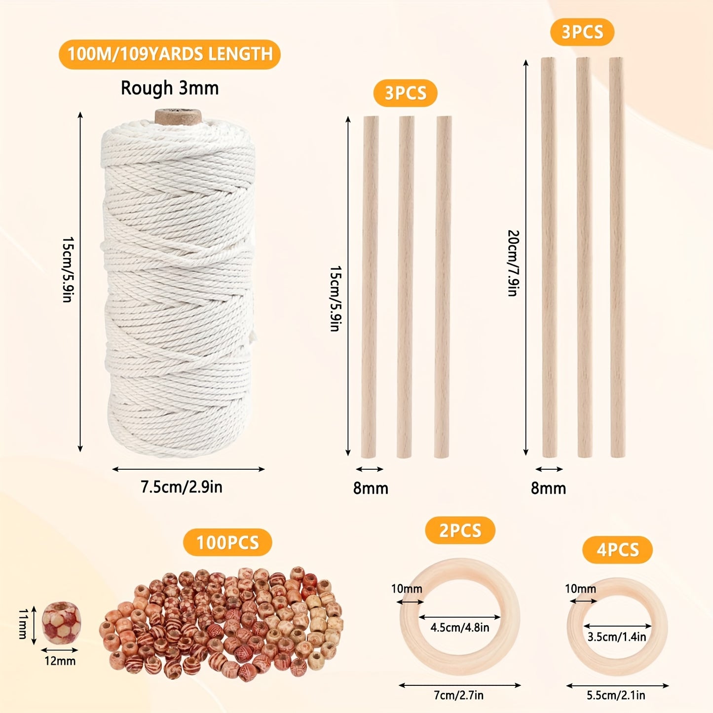 111 Set Of for Adults Beginner Macrame Plant Hanger Kit 5pcs Macrame Yarn 3mm X 1968.5inch with 100 Wooden Beads, 6 Metal Rings, Macrame Set Beginners for DIY Craft Starter Set for Adults And Beginners, Creative Hobby Kit, Ha