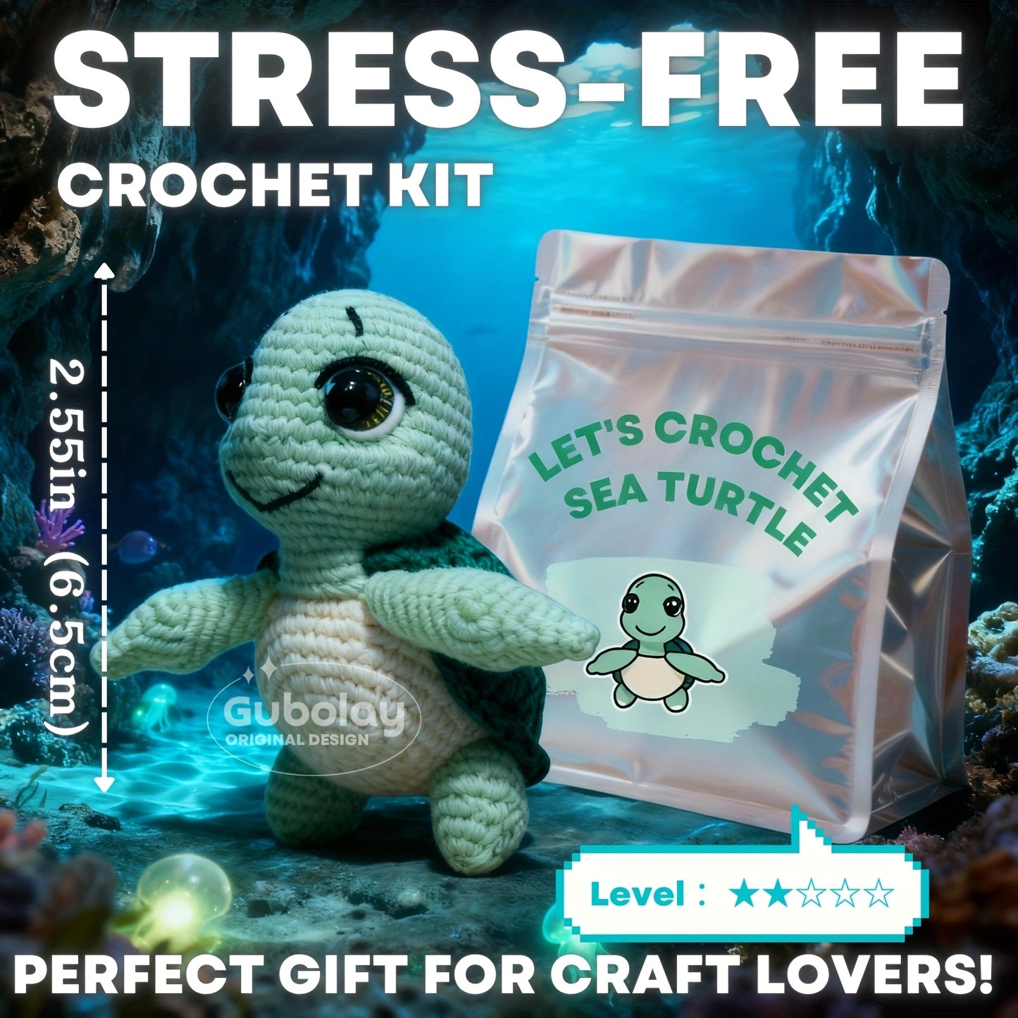 Sea Turtle Crochet Kit for Beginners | Easy DIY Craft Gift Box with Step-by-Step Illustrated Tutorial | Includes Soft Yarn (30% Extra), Hook & Accessories | Adorable Animal Doll Making Materials Set | Fun Design