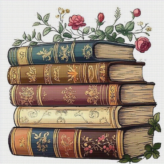 1pc Vintage Book & Floral Cross Stitch Kit - 11CT Embroidery Fabric, Detailed Floral Design with Golden Accents, Perfect for Home Wall Decor, Mother'S Day Gift, DIY Eco-Line Art, No Frame Needed, Embroidery Kit|Vintage Book D