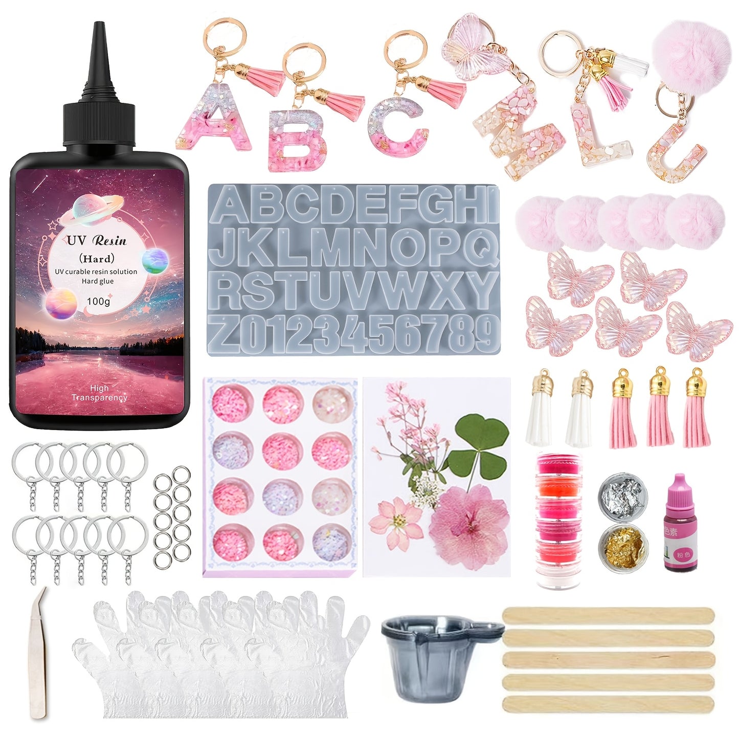 UV Resin Jewelry Making Kit for Beginners - 100g Clear Fast-Curing Resin with Silicone Molds & Dried Flowers | All-in-One Starter Pack (Measuring Cups, Gloves, Stir Sticks) | DIY Necklace Keychain Earrings Craft Supplies |Bub