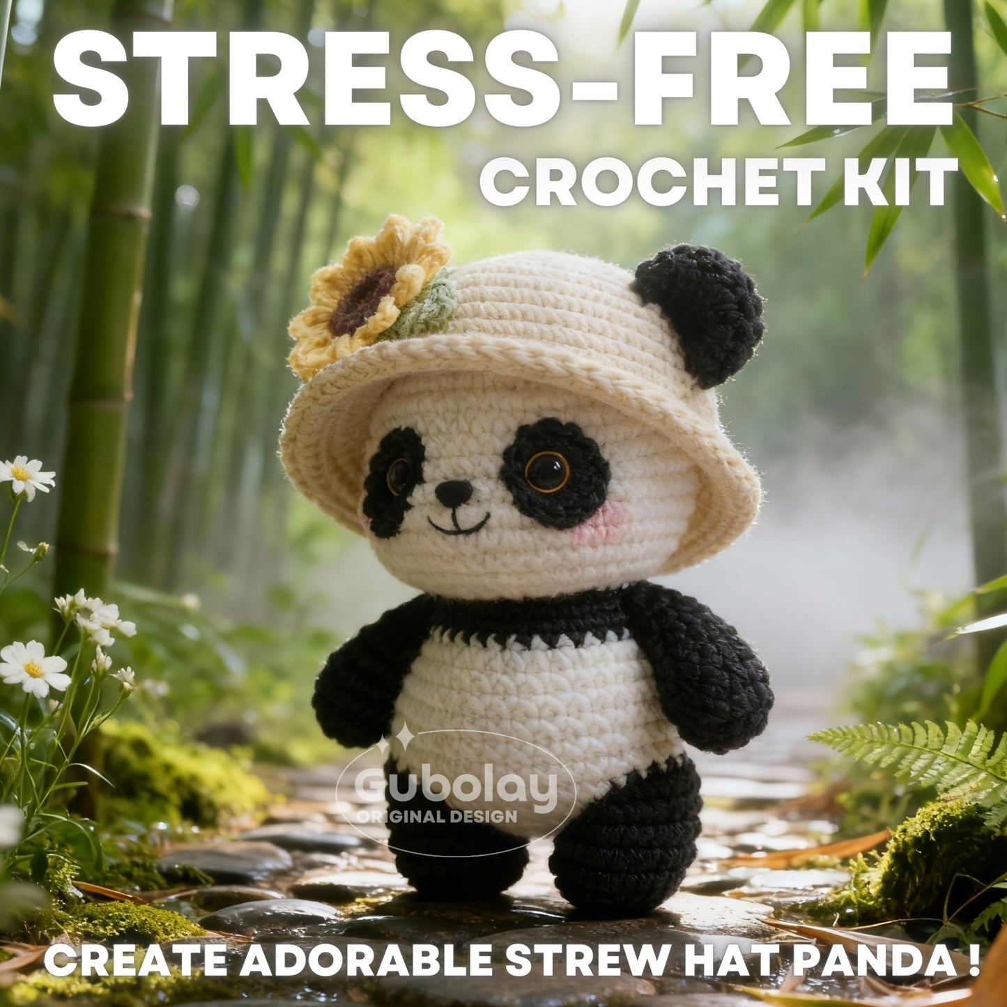 Straw Hat Panda Crochet Starter Kit for Beginner Adults | Stress-Free Craft Kit with Step-by-Step Video Tutorial | Includes Extra Soft Acrylic Yarn, Hook, and Accessories | Playful Amigurumi Animal Doll Kit for All Seasons