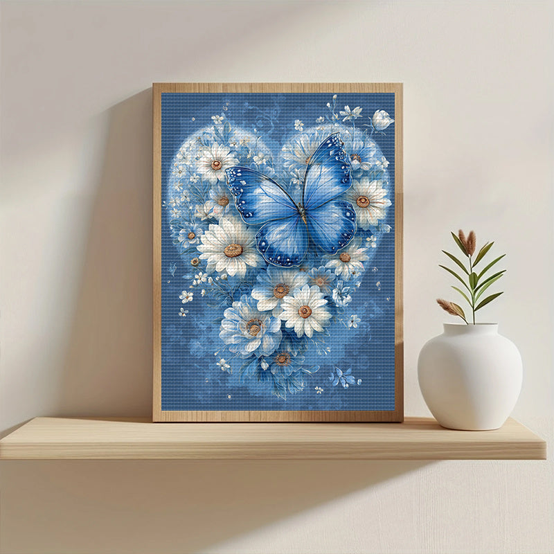 1pc DIY Cross Stitch Kit - 13, 8x17, 7in Frameless Fabric, 11CT Printed Design with Blue Butterfly & Floral Heart Pattern, Includes Threads for Home Wall Decor, Mother'S Day Gift, Crafting Supplies, Cross Stitch Kits for, Fan