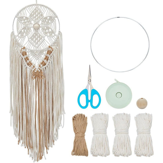 [Random accessory color] 1set DIY Dream Catchers Macrame Flower Kit Handmade White Boho Moon Macrame Kit for Adults Beginners Large Boho Wall Hanging Ornaments Gifts for Christmas Bedroom Wedding Wall Hanging Decor Dreamcatch