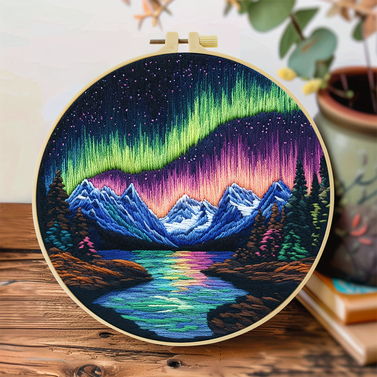 Easy-Learning DIY Hand Art Craft • JOZYSH 1pc Embroidery Set • 20x20cm/7.9x7.9 inch • Aurora Pattern • Needles, Threads, Pre-Printed Cloth, Hoop, Instruction • Beginners Friendly • Ideal Gift