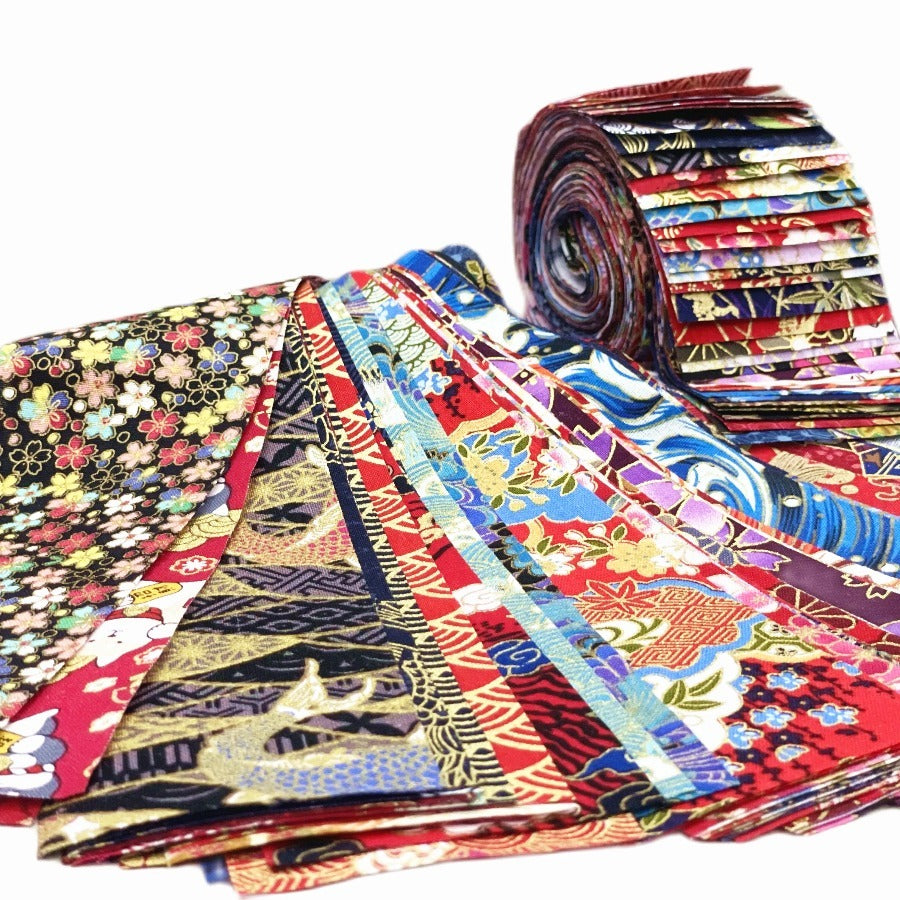 40pcs Japanese Style Hot Stamping Jelly Roll Precuts - Pre-Cut Fabric Strips with Floral, Paisley, Plaid, Stripes & Solid Patterns in Red, Golden, Brown, - Handmade Quilting, Patchwork, Crafts - Precut Cloth Bundle for Quilte