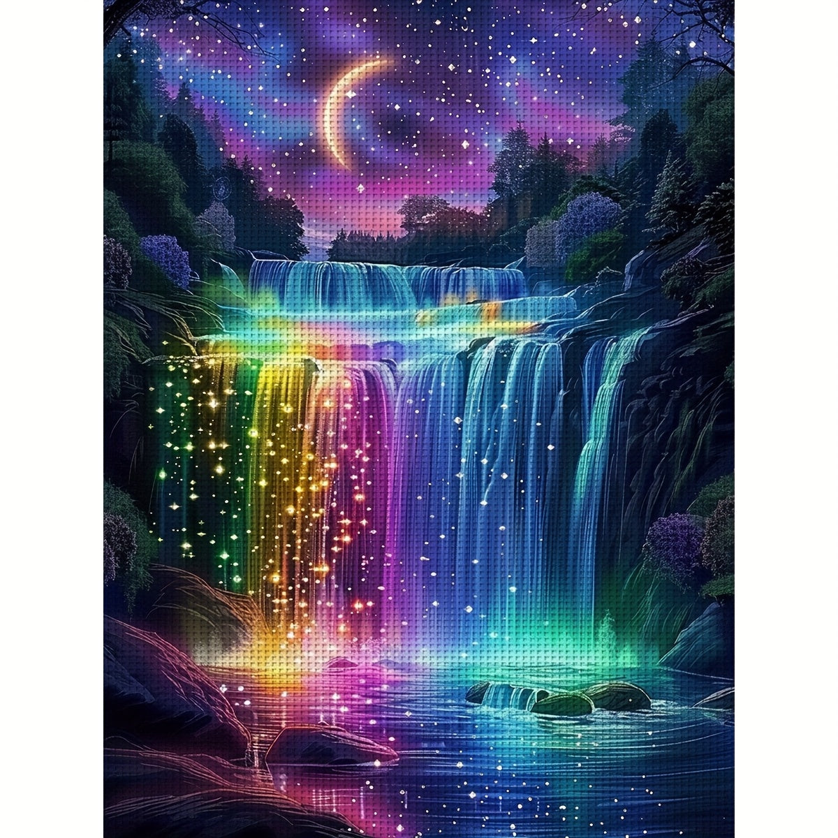 JOZYSH 1pc Rainbow Waterfall Cross Stitch Kit - 30x40cm/11.8x15.7in, Vibrant Night Sky & Waterfall Design, 11CT/14CT Embroidery Pattern for Beginners, Perfect for Bedroom or Living Room Wall Decor, Includes Canvas, Needle, Th
