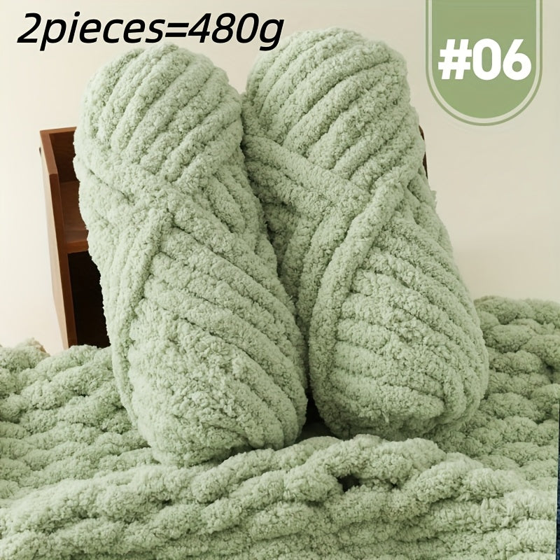 Extra Large Plush Cat Tail Chenille Yarn, Two Skeins per Pack (Total 480g, 16.93oz), for Hand Knitting and Crocheting - Fluffy Soft Giant Bulky yarn. Ideal Thumbneedle Yarn for DIY Blankets, Pet Beds, Rugs, Pillows & Home Dec