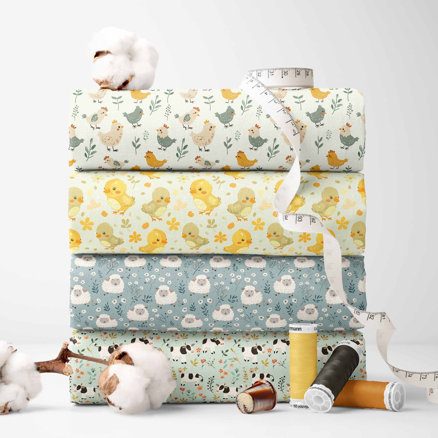 4pcs Set and Pre-Cut Fat Quarters (18*22inch) Cute Farm Animal Kit with Adorable Chickens, Sheep & Cows Patterns - Fresh Country Style Floral Leaves & Textured Fabric, Sewing Projects