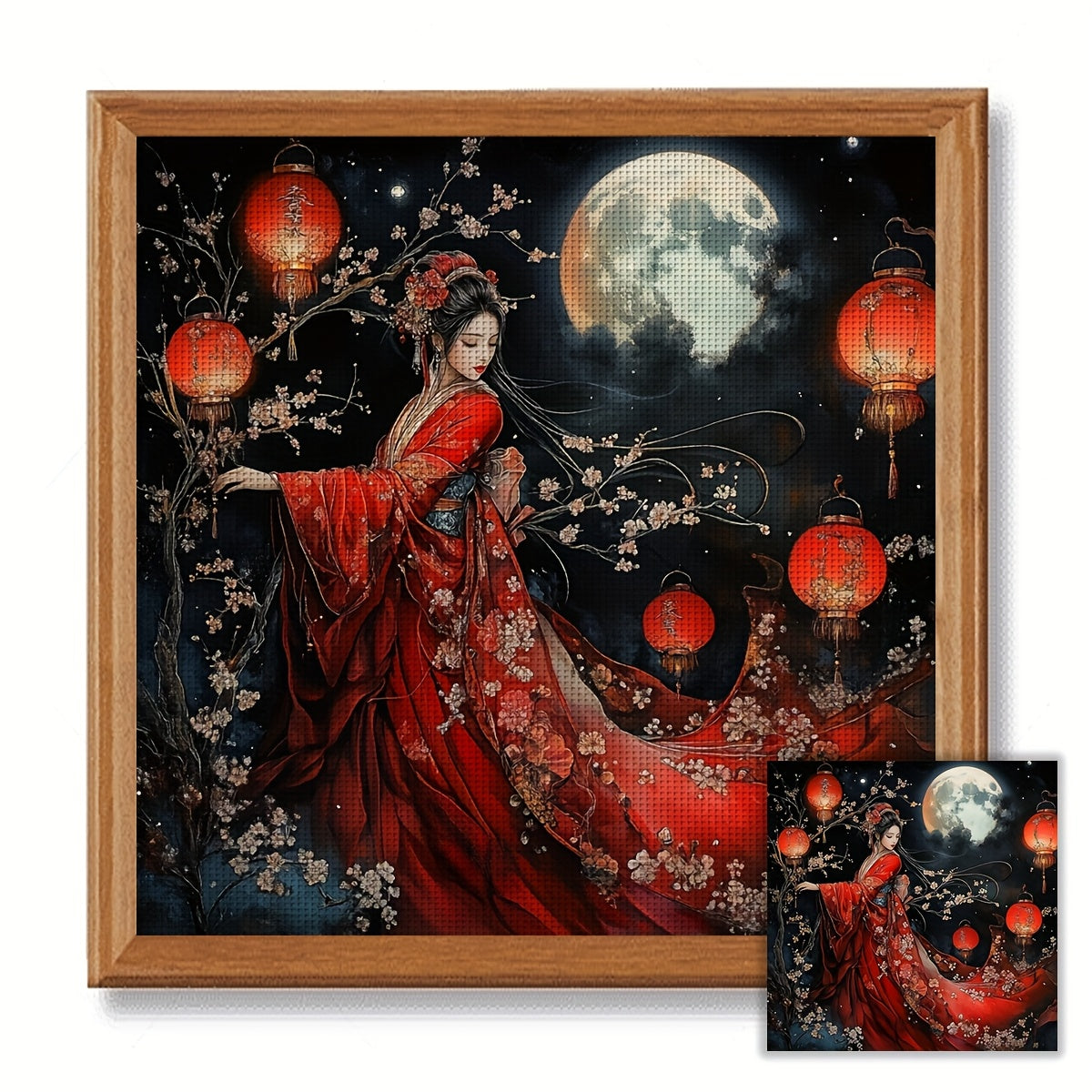 JOZYSH 11CT/14CT Cross Stitch Kit, Frameless Fabric Art with Pattern & Thread, Red Dress Beauty Surrounded by Lanterns & Cherry Blossoms Moonlight Scene, Home Decor for Living Room & Bedroom, DIY Craft Set, Home Decor Art|Mys