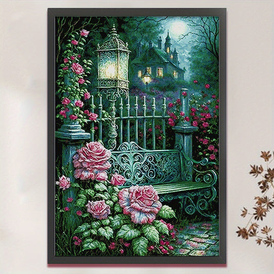 14CT Moonlight Rose Garden DIY Cross Stitch Kit - Enchanting Nighttime Garden Scene with Pink Roses & Lantern, Full Embroidery Thread, Ideal for Home & Office Decor, Perfect Gift for Adults & Beginners, 24.41x35.43inch, Cross