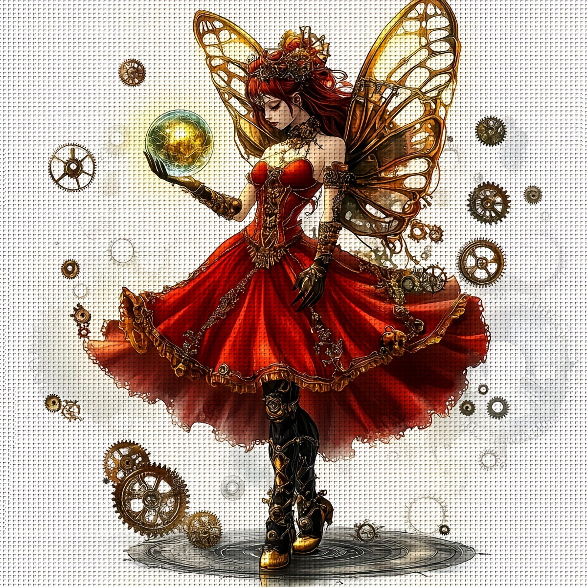 JOZYSH 1pc 15.75x15.75inch DIY Cross Stitch Kit - Steampunk Fairy with Golden Wings & Mechanical Gears, Vibrant Red Dress, Perfect for Home Decor, Bedroom Art, or Gift, All-Season Themed Fabric, Bedroom Art Piece | Vibrant Cr