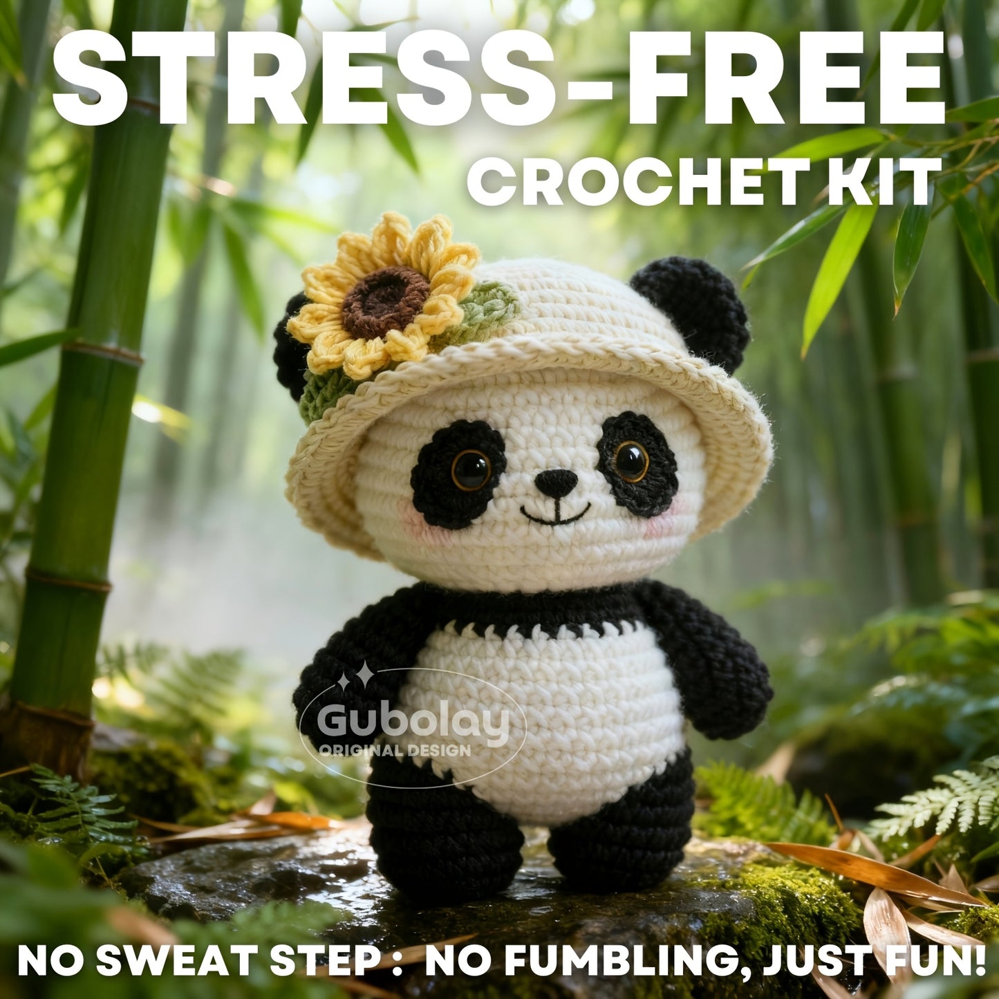 Straw Hat Panda Crochet Starter Kit for Beginner Adults | Stress-Free Craft Kit with Step-by-Step Video Tutorial | Includes Extra Soft Acrylic Yarn, Hook, and Accessories | Playful Amigurumi Animal Doll Kit for All Seasons