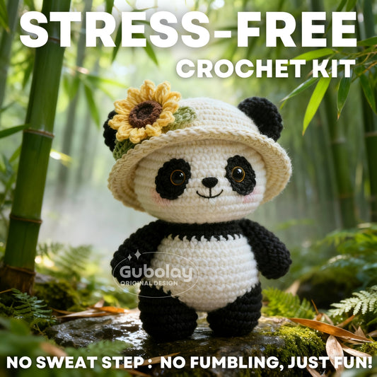 Straw Hat Panda Crochet Starter Kit for Beginner Adults | Stress-Free Craft Kit with Step-by-Step Video Tutorial | Includes Extra Soft Acrylic Yarn, Hook, and Accessories | Playful Amigurumi Animal Doll Kit for All Seasons