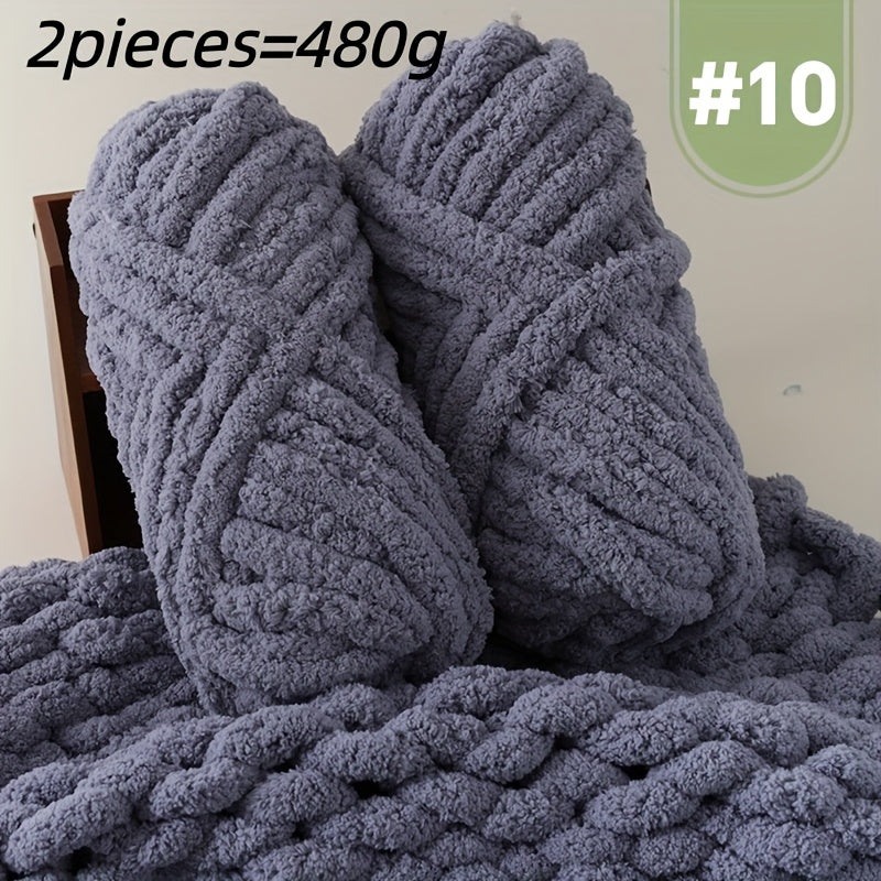 Extra Large Plush Cat Tail Chenille Yarn, Two Skeins per Pack (Total 480g, 16.93oz), for Hand Knitting and Crocheting - Fluffy Soft Giant Bulky yarn. Ideal Thumbneedle Yarn for DIY Blankets, Pet Beds, Rugs, Pillows & Home Dec