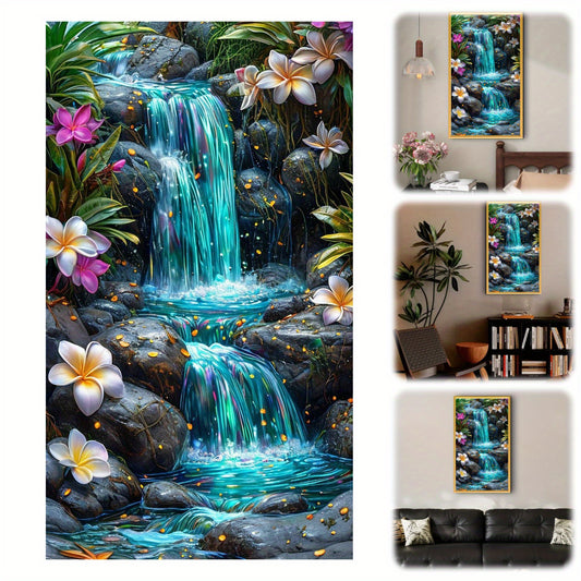 DIY Waterfall Cross Stitch Kit - 11CT Stamped Full Embroidery, 15.75x27.56inch, with Tools & Threads, Vibrant Tropical Scene, Perfect Gift for Craft Lovers & Art Enthusiasts, Embroidery Kit|Tropical Scene|Detailed Embroidery,