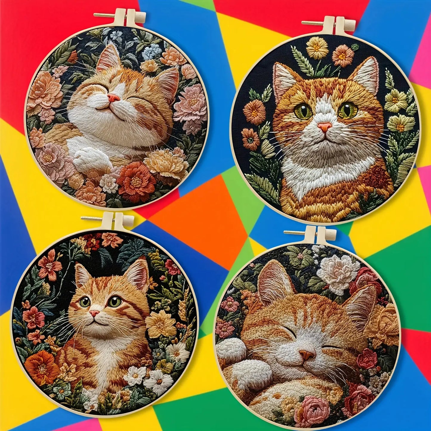 Complete Cat & Floral Embroidery Kit for Adults Beginners with Printed Patterns, Pre-Printed Fabric Hoops & Needles - All-Season DIY Craft Set with Step-by-Step Instructions, Vibrant Colors - Perfect Birthday/Holiday Gift for
