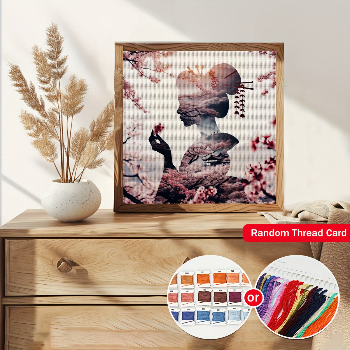 1 Set 11x11 Inch (30x30cm) DIY Cross Stitch Kit - "Woman with Cherry Blossoms" Design, Relaxing Adult Beginner Stitching Project, Includes Fabric, Threads, Patterns & Instructions - Perfect Gift for Friends & Family, Relaxing