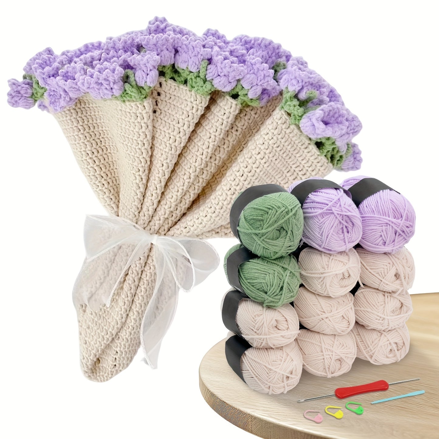 Complete DIY Crochet Flowers Bouquet Blanket Kit - 43-Inch Round Handmade Yarn Throw with 12 Yarn Balls, Crochet Hook & Tools for Beginners, Adults - All-Season Soft Knitting Craft (Pink/Red/Green) - Cozy Handmade Gift