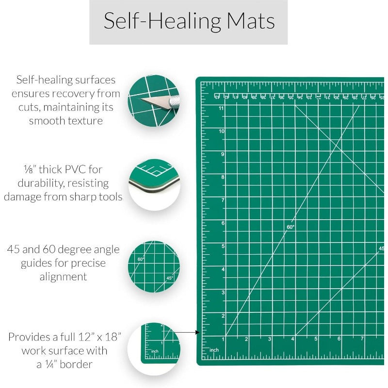 WA Self Healing Cutting Rotary Cutter Set with 5 Blades & 12x18 Fabric Cutting Mats - 45mm Rotary Cutter with Ergonomic Handle, 6x18 Acrylic Quilting Rulers - 3pcs Sewing Kit for Fabric, Paper, Vinyl, Felt - Ideal for Quiltin