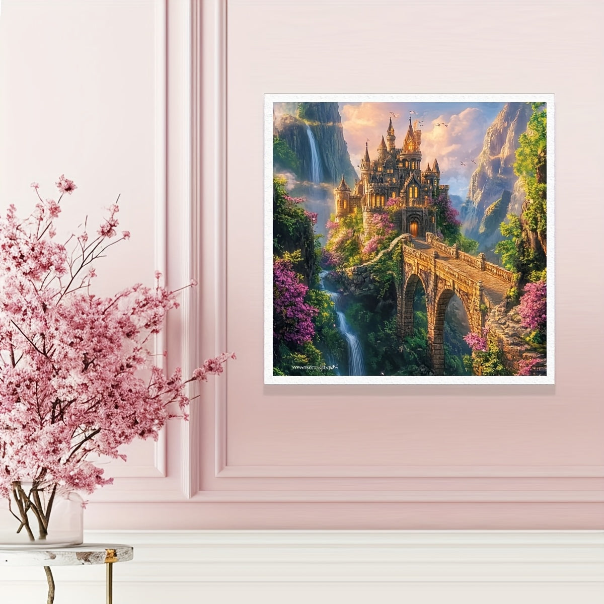 JOZYSH 1 Set Cross Stitch Adult Kit - Enchanted Castle in the Mountains 40x40cm/15.7x15.7in, 11CT/14CT, Landscape Art with Waterfall, Stone Bridge, and Vibrant Flowers, Beginner-Friendly, Includes Canvas, Needle, Thread, and