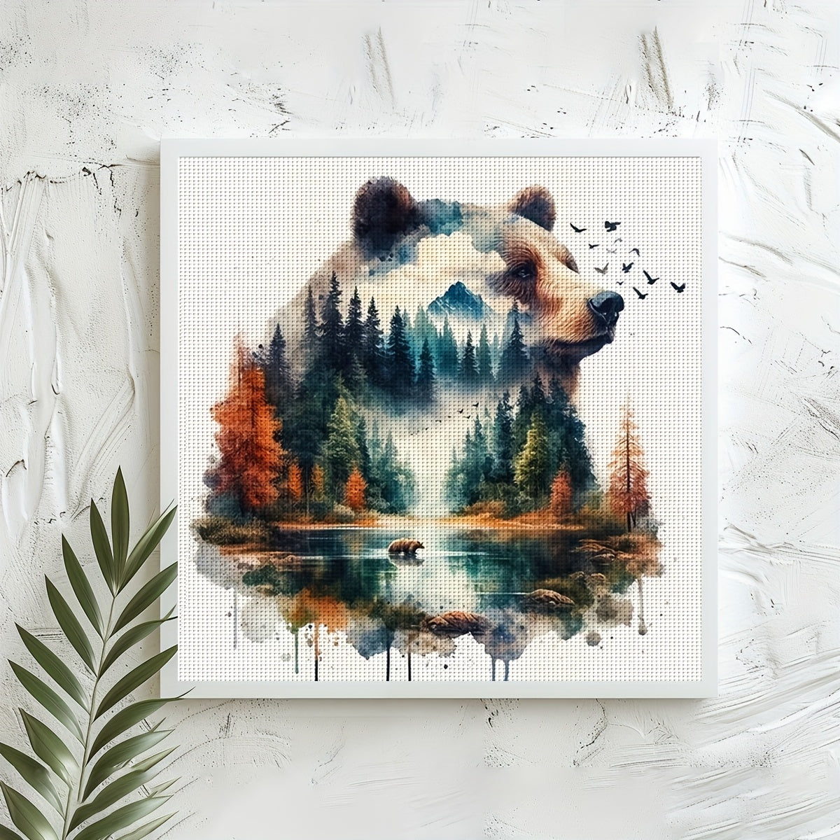 1pc JOZYSH 15.75x15.75inch DIY Cross Stitch Kit - Double Exposure Bear & Landscape, Relaxing Adult Beginner Project with Printed Canvas, Needles, Threads, Patterns & Instructions - Perfect for Home & Office Decor, Ideal Gift